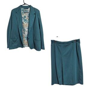 Vintage Pykettes Teal 3 Piece Suit Set Womens Size 18 Floral Blouse Blazer Skirt